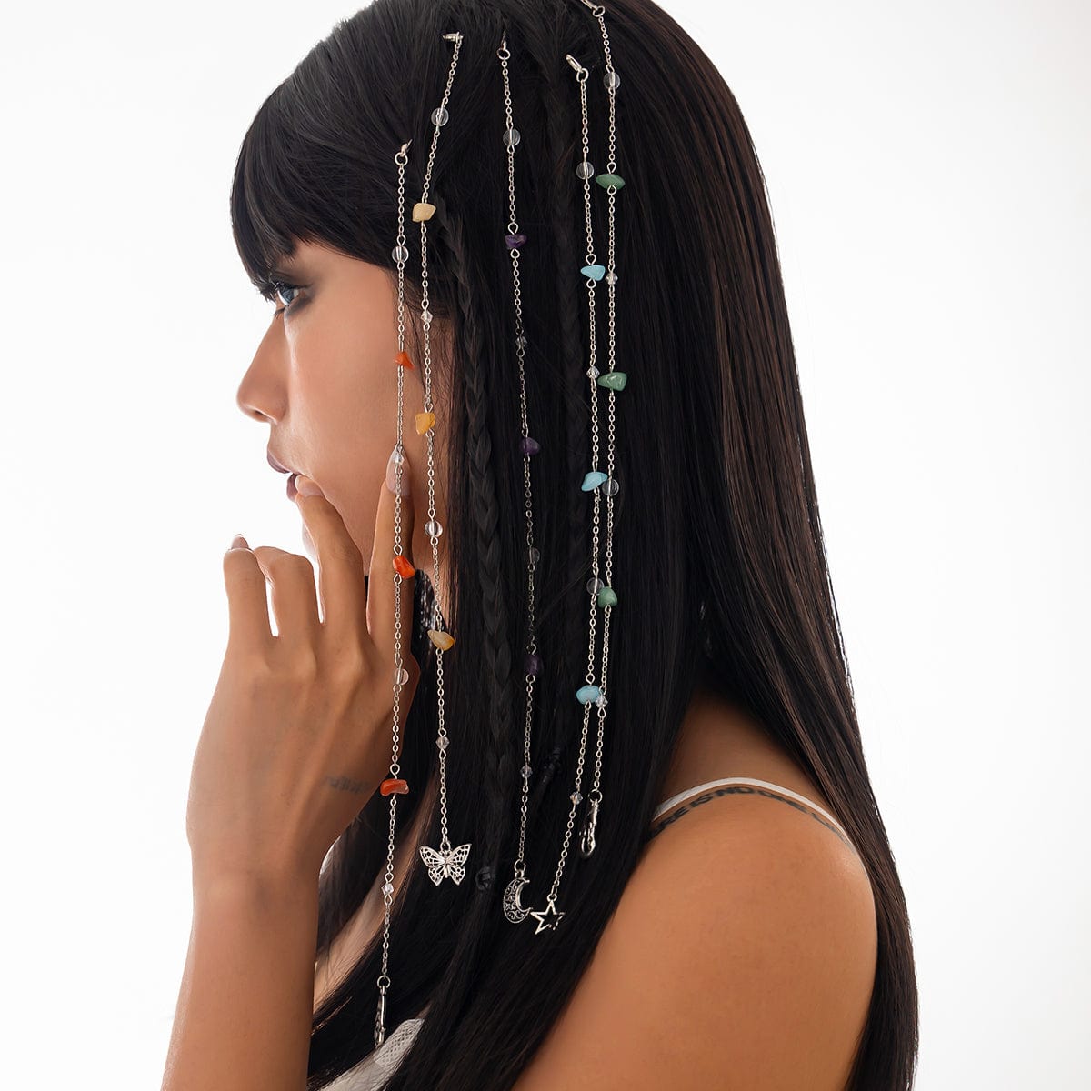 Bohemia 5pcs Moon Star Butterfly Charm Long Crystal Stone Chain Hair Braids Ring Set - ArtGalleryZen