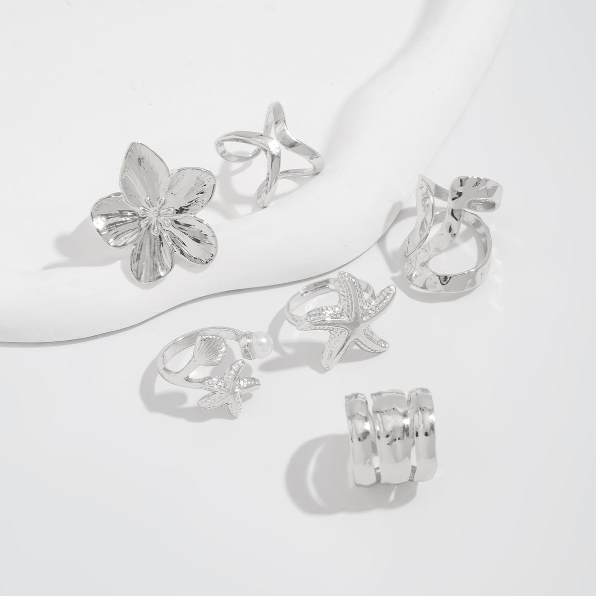 Bohemia 6pcs Flower Starfish Pearl Irregular Curved Ring Set - ArtGalleryZen
