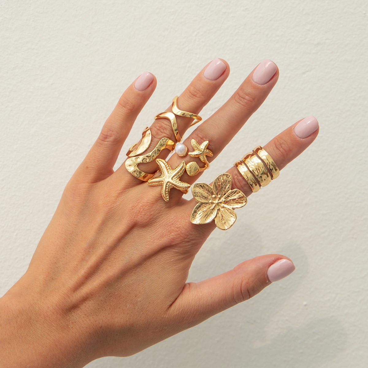 Bohemia 6pcs Flower Starfish Pearl Irregular Curved Ring Set - ArtGalleryZen