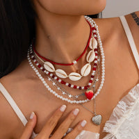 Thumbnail for Bohemia 6pcs Strawberry Heart Pendant Pearl Conch Seed Bead Chain Necklace Set - ArtGalleryZen