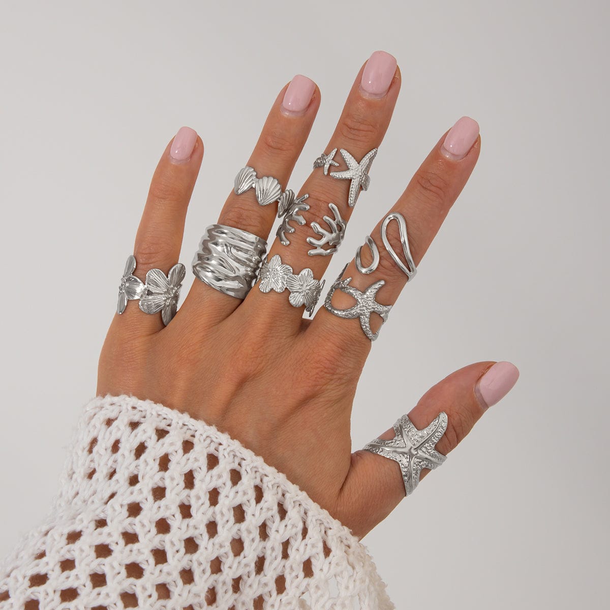 Bohemia 9pcs Chunky Flower Starfish Shell Hollow Ring Set - ArtGalleryZen