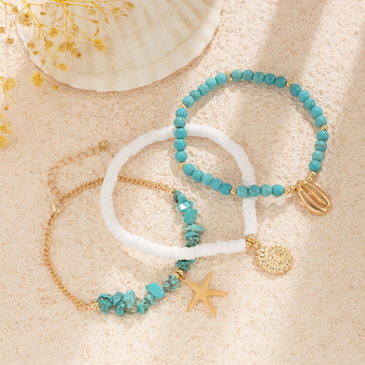Bohemia Layered Conch Shell Starfish Charm Turquoise Anklet Set - ArtGalleryZen