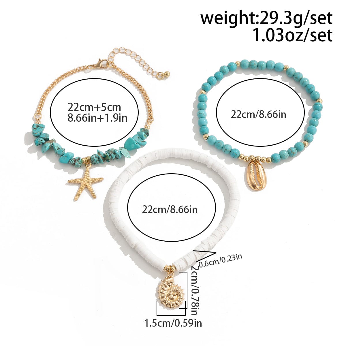 Bohemia Layered Conch Shell Starfish Charm Turquoise Anklet Set - ArtGalleryZen