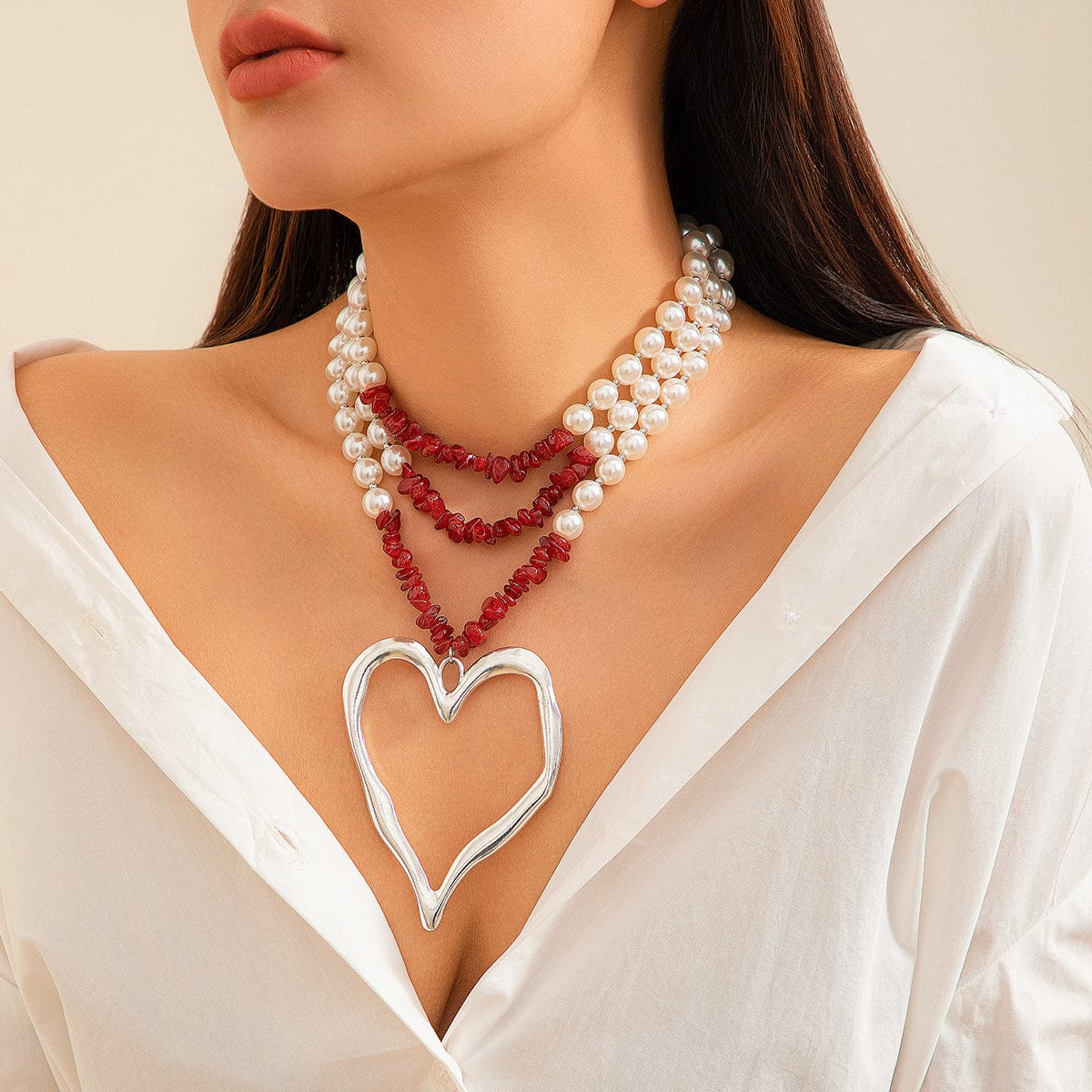 Bohemia Layered Turquoise Pearl Chain Heart Pendant Choker Necklace - ArtGalleryZen