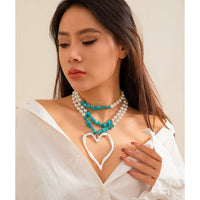 Thumbnail for Bohemia Layered Turquoise Pearl Chain Heart Pendant Choker Necklace - ArtGalleryZen