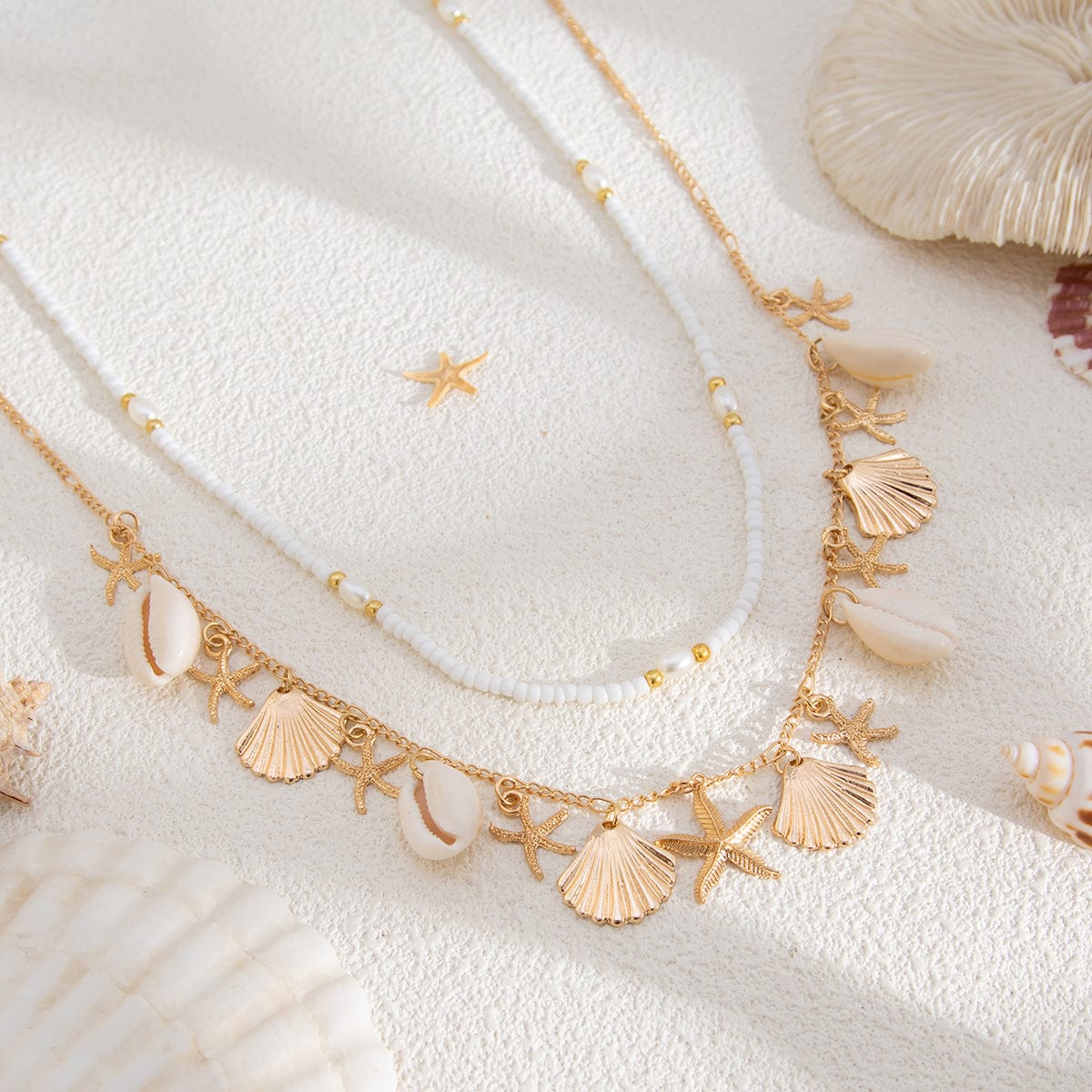Bohemia Layered Shell Starfish Charm Seed Beaded Belly Chain Set - ArtGalleryZen