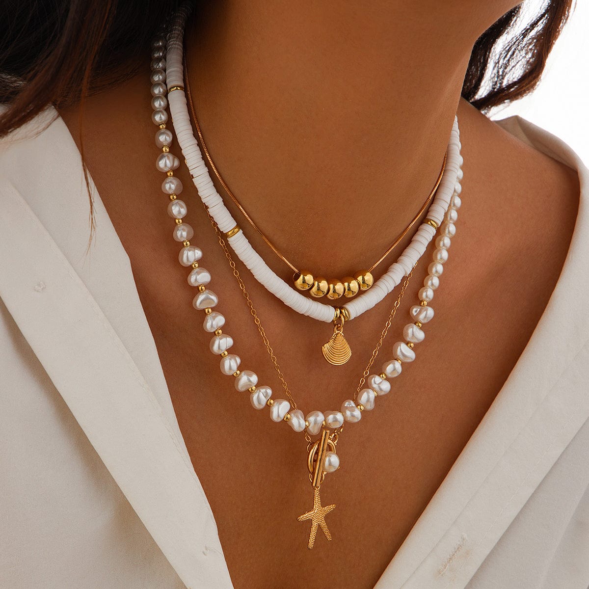 Bohemia Layered Shell Starfish Pendant Pearl Chain Necklace Set - ArtGalleryZen