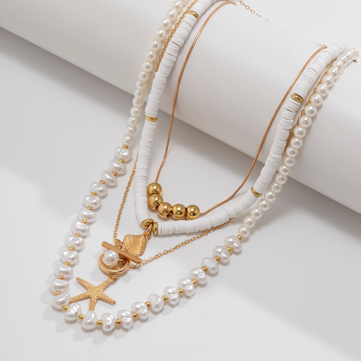 Bohemia Layered Shell Starfish Pendant Pearl Chain Necklace Set - ArtGalleryZen