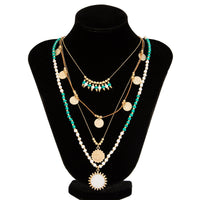 Thumbnail for Bohemia Layered Sun Hammered Round Disk Pendant Seed Beaded Necklace Set - ArtGalleryZen