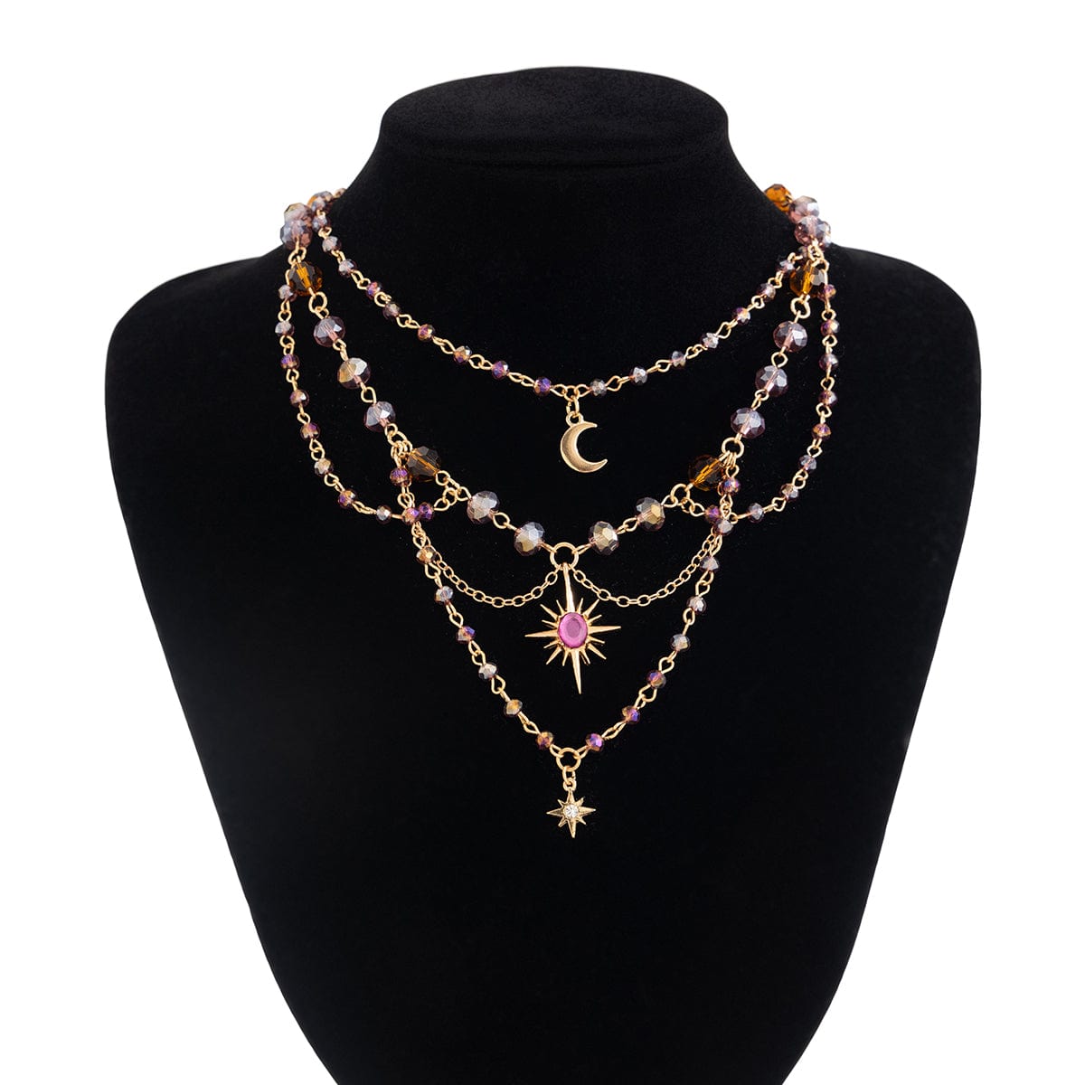 Bohemia Layered Sun Moon Star Pendant Crystal Chain Necklace - ArtGalleryZen