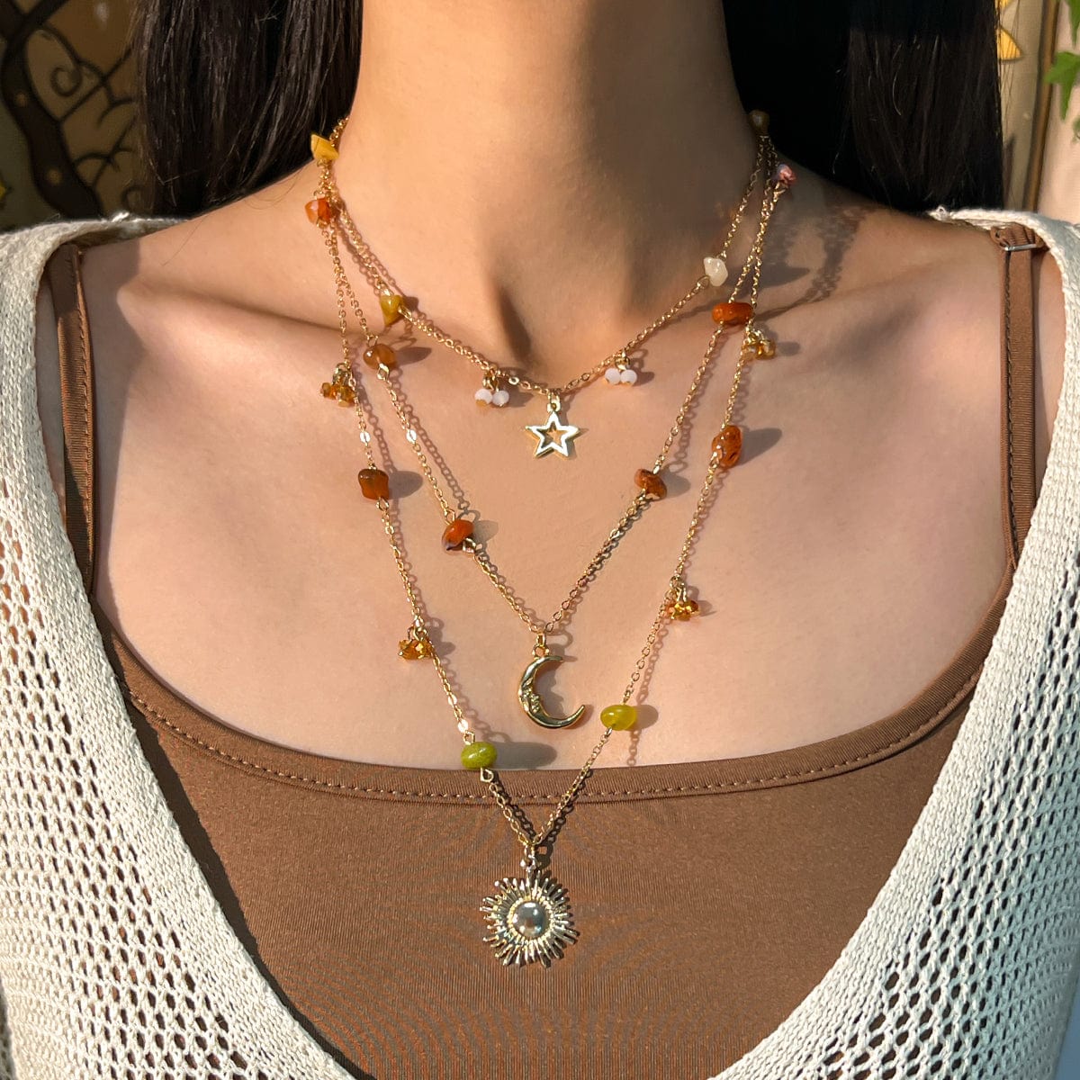 Bohemia Layered Sun Moon Star Pendant Crystal Stone Chain Necklace - ArtGalleryZen