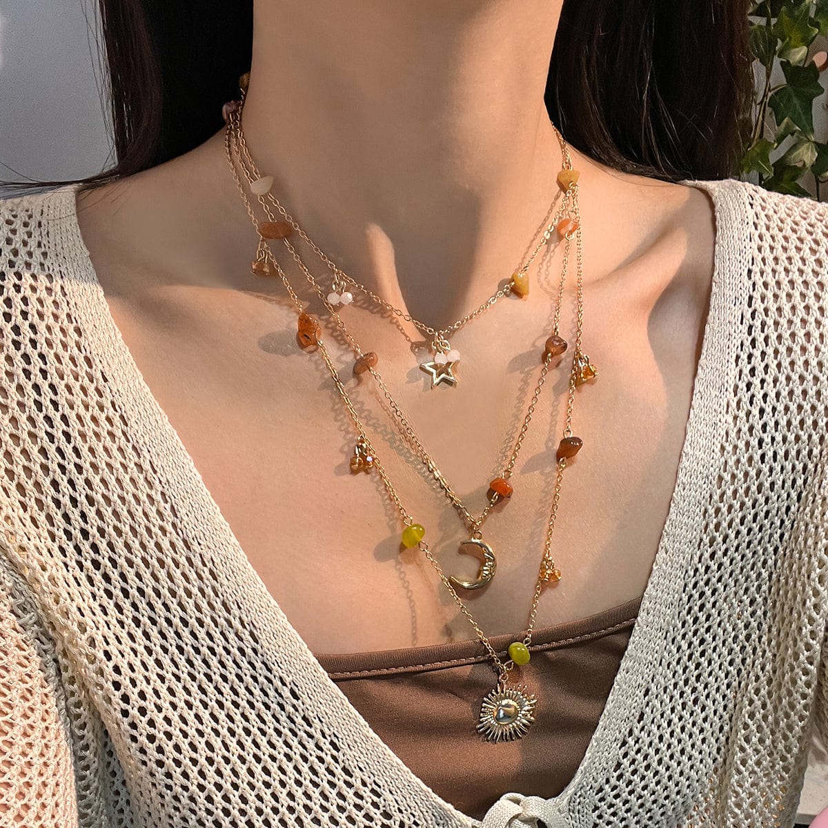 Bohemia Layered Sun Moon Star Pendant Crystal Stone Chain Necklace - ArtGalleryZen