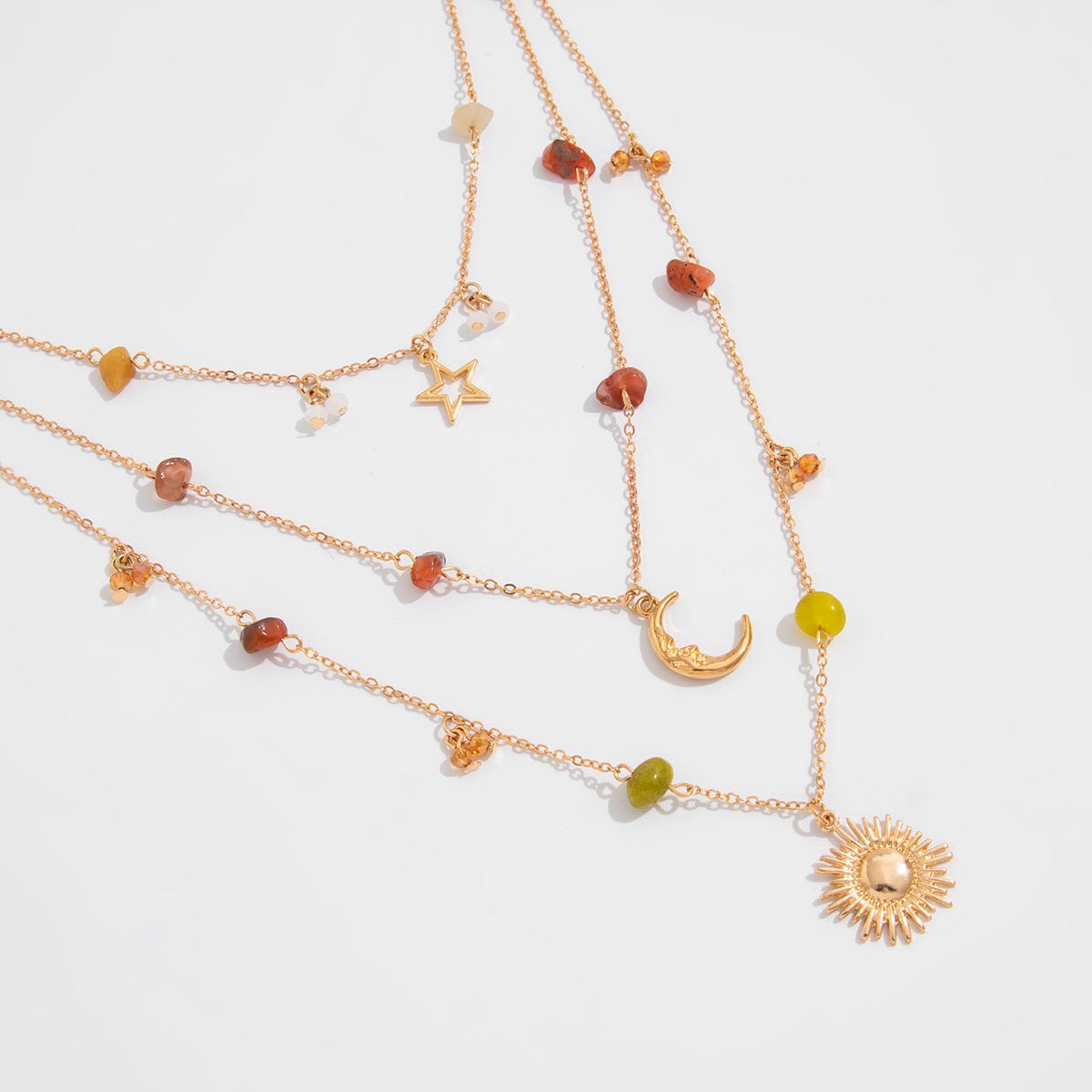 Bohemia Layered Sun Moon Star Pendant Crystal Stone Chain Necklace - ArtGalleryZen