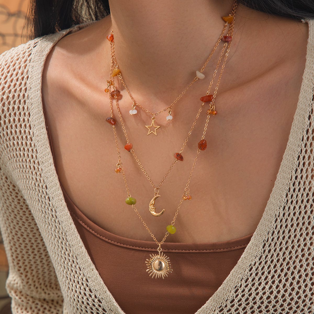 Bohemia Layered Sun Moon Star Pendant Crystal Stone Chain Necklace - ArtGalleryZen