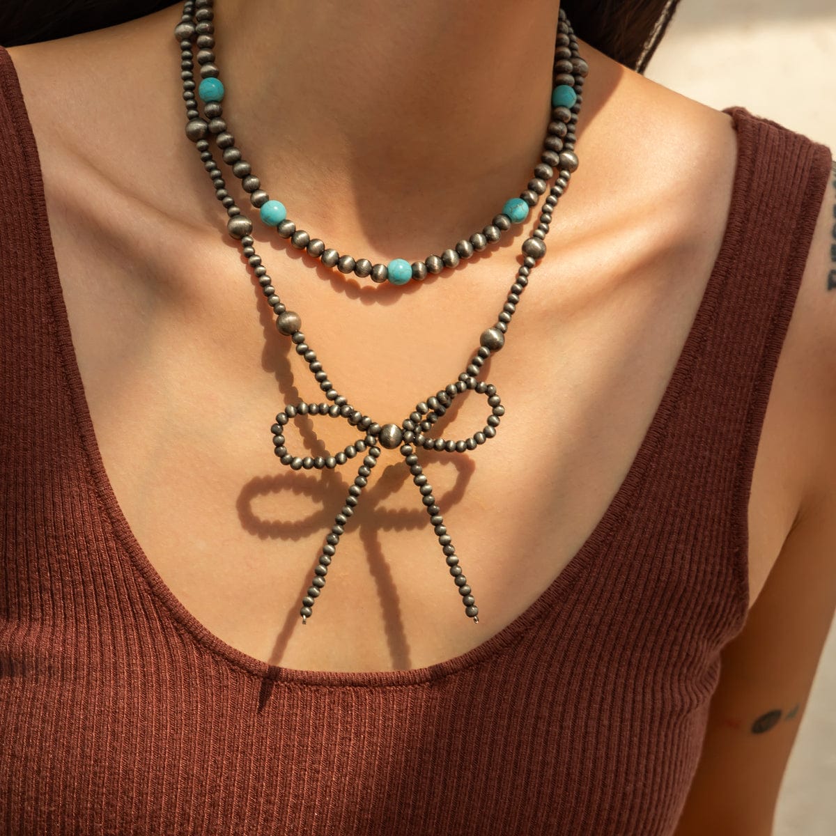 Bohemia Layered Turquoise Beaded Bowknot Necklace Set - ArtGalleryZen