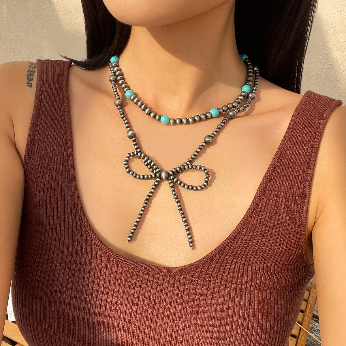 Bohemia Layered Turquoise Beaded Bowknot Necklace Set - ArtGalleryZen