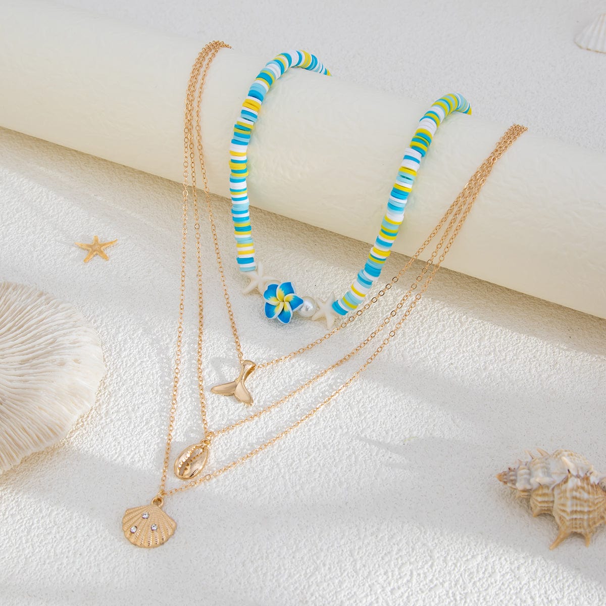 Bohemia Mermaid Shell Starfish Flower Pendant Polymer Clay Necklace Set - ArtGalleryZen