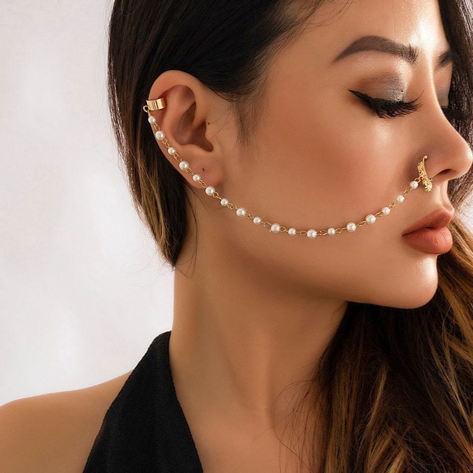 Bohemia No Piercing Nose To Ear Pearl Chain - ArtGalleryZen