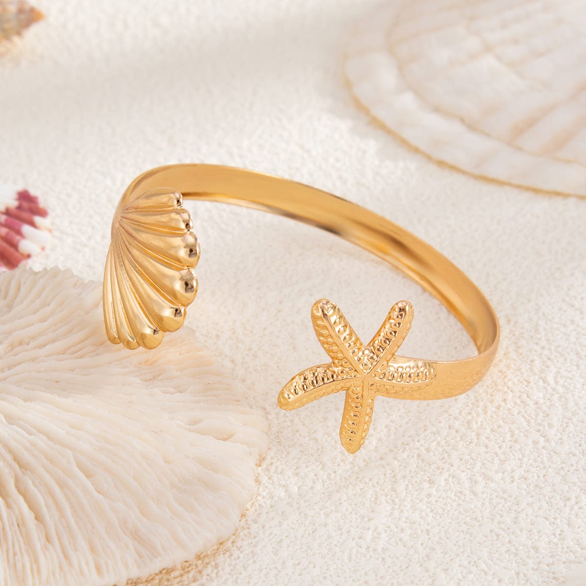 Bohemia Shell Starfish Open Bangle Bracelet - ArtGalleryZen