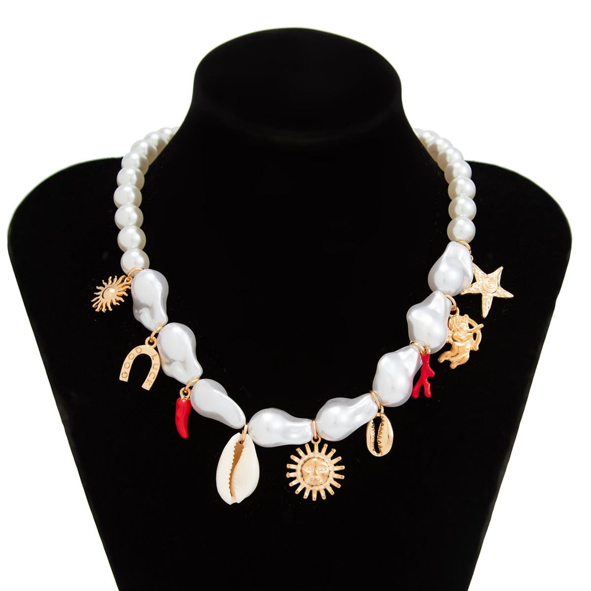 Bohemia Sun Conch Angel Charm Irregular Pearl Chain Necklace - ArtGalleryZen