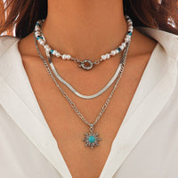 Thumbnail for Bohemia Turquoise Inlaid Sun Pendant Evil Eye Pearl Chain Necklace Set - ArtGalleryZen