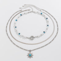 Thumbnail for Bohemia Turquoise Inlaid Sun Pendant Evil Eye Pearl Chain Necklace Set - ArtGalleryZen