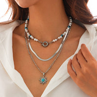 Thumbnail for Bohemia Turquoise Inlaid Sun Pendant Evil Eye Pearl Chain Necklace Set - ArtGalleryZen
