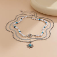 Thumbnail for Bohemia Turquoise Inlaid Sun Pendant Evil Eye Pearl Chain Necklace Set - ArtGalleryZen