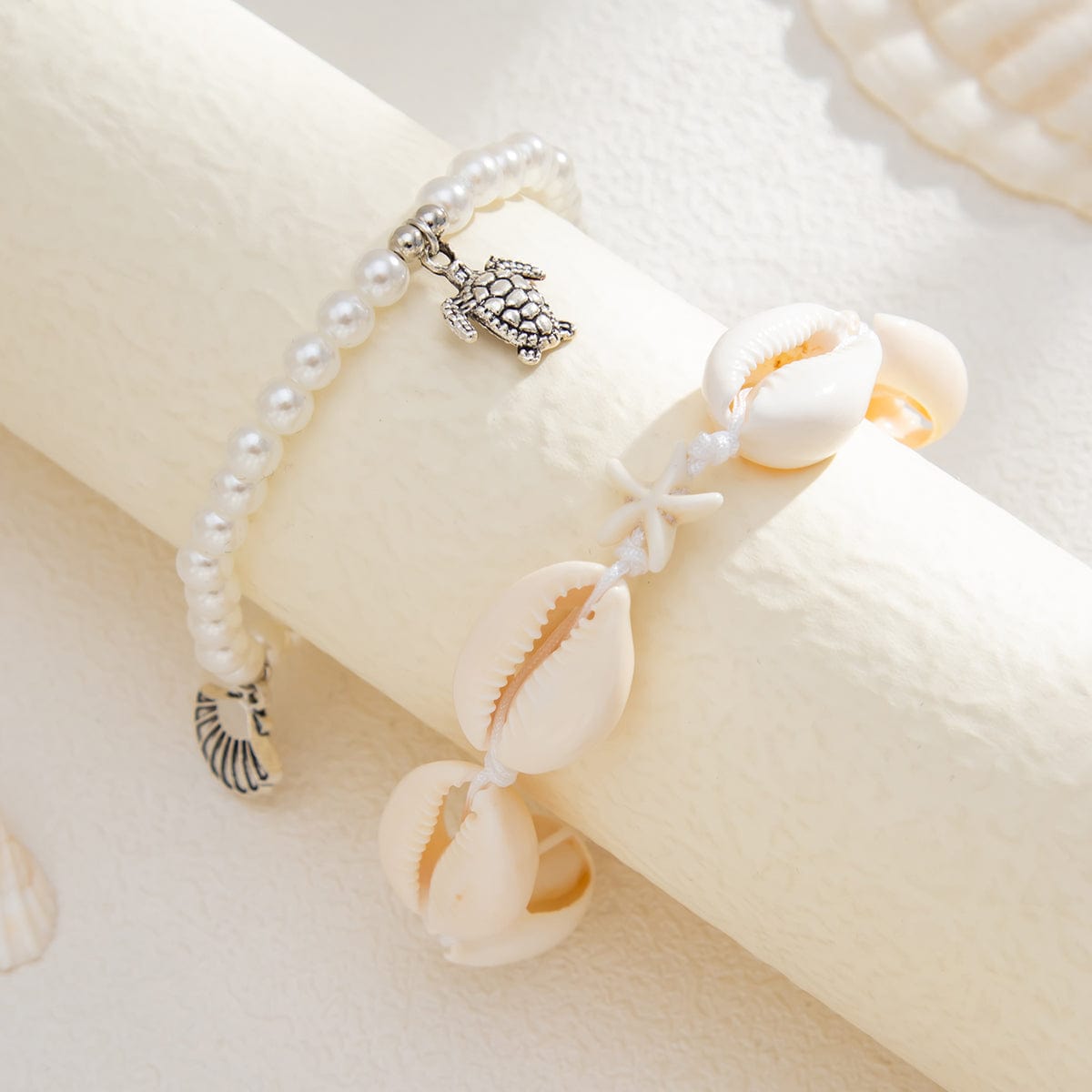 Boho 2pcs Conch Shell Starfish Charm Pearl Chain Anklet Set - ArtGalleryZen