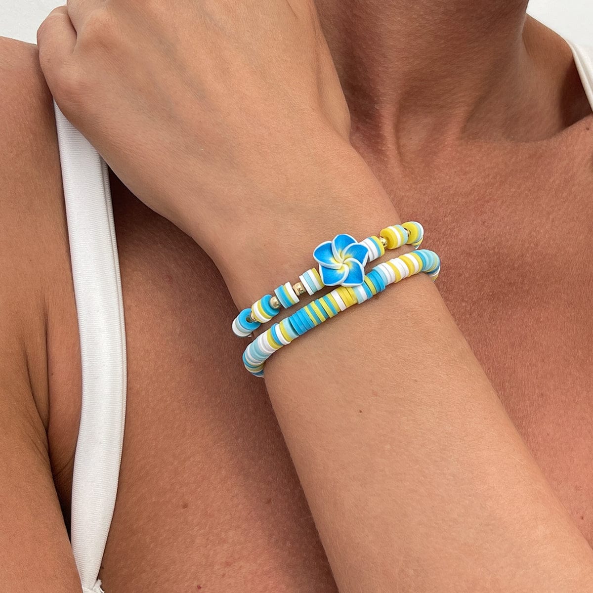 Boho 2pcs Flower Polymer Clay Beaded Friendship Bracelet Set - ArtGalleryZen