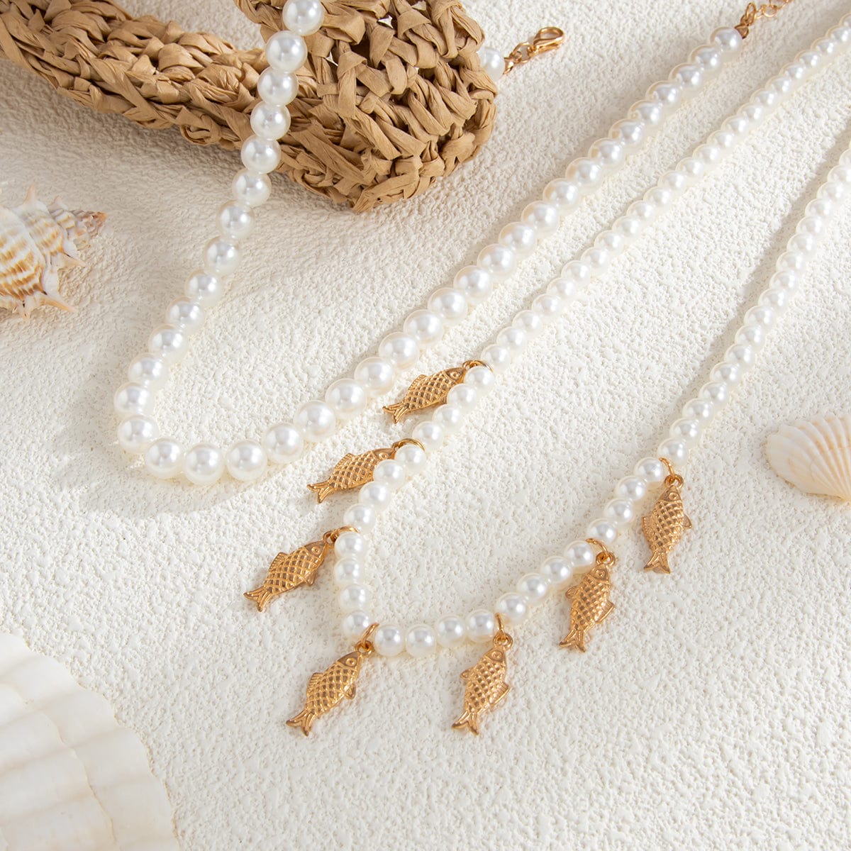 Boho 2pcs Goldfish Pendant Pearl Chain Necklace Set - ArtGalleryZen
