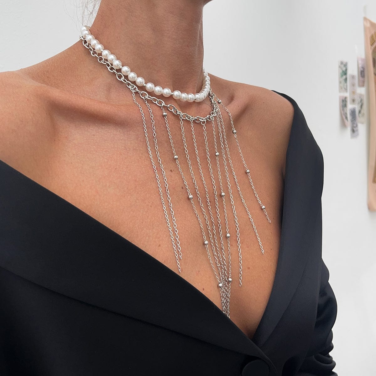 Boho 2pcs Pearl Chain Tassel Choker Necklace Set - ArtGalleryZen