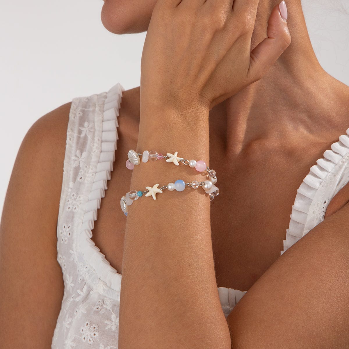 Boho 2pcs Pearl Shell Starfish Glass Beaded Bracelet Set - ArtGalleryZen