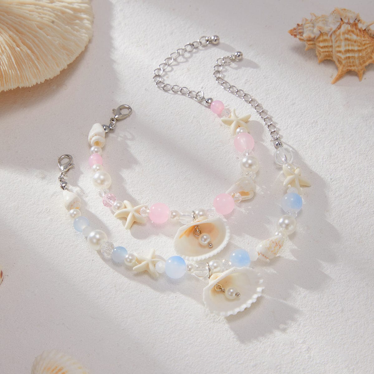 Boho 2pcs Shell Starfish Charm Pearl Glass Bead Bracelet Set - ArtGalleryZen