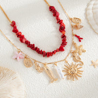 Thumbnail for Boho 2pcs Sun Pearl Starfish Conch Pendant Turquoise Chain Necklace Set - ArtGalleryZen