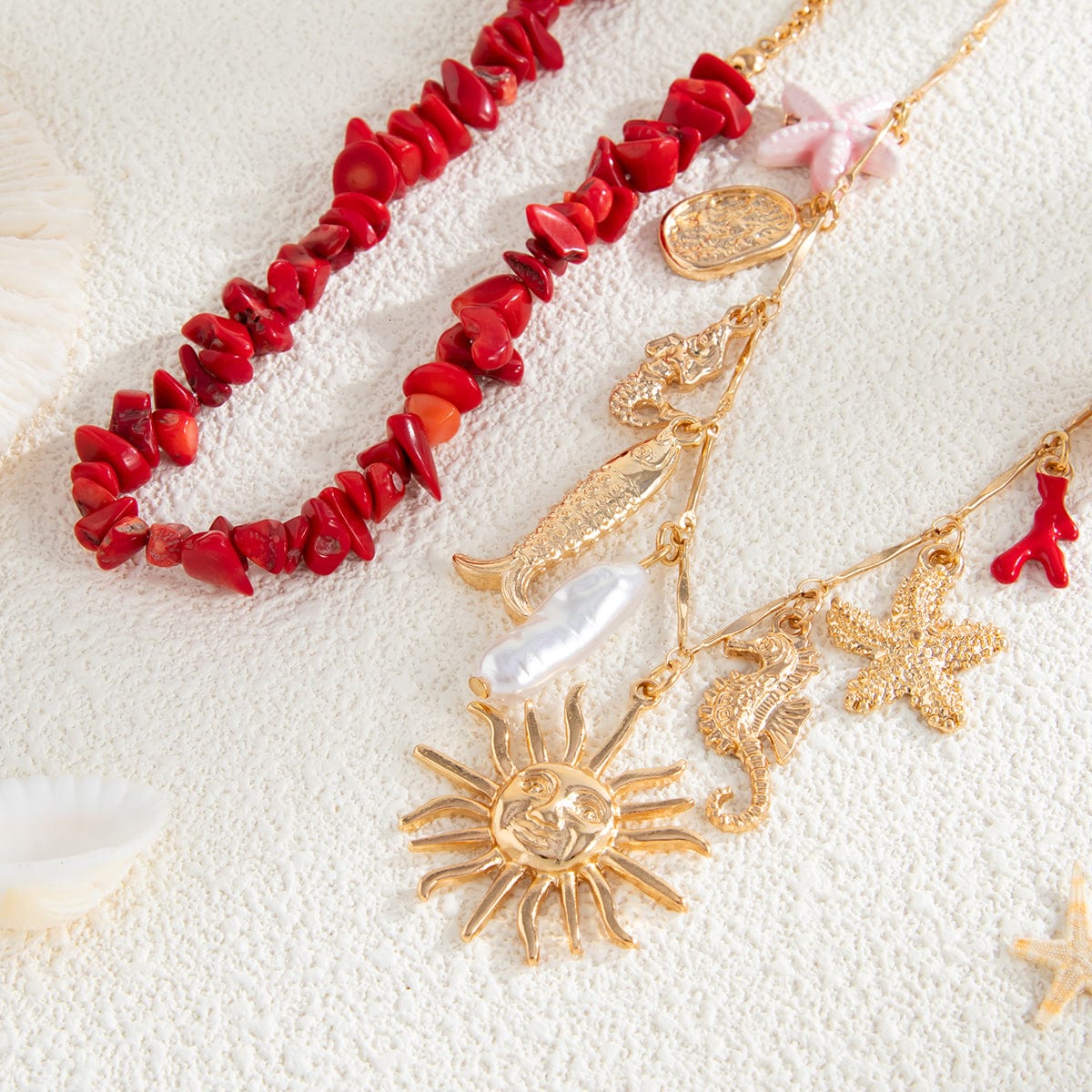 Boho 2pcs Sun Pearl Starfish Conch Pendant Turquoise Chain Necklace Set - ArtGalleryZen