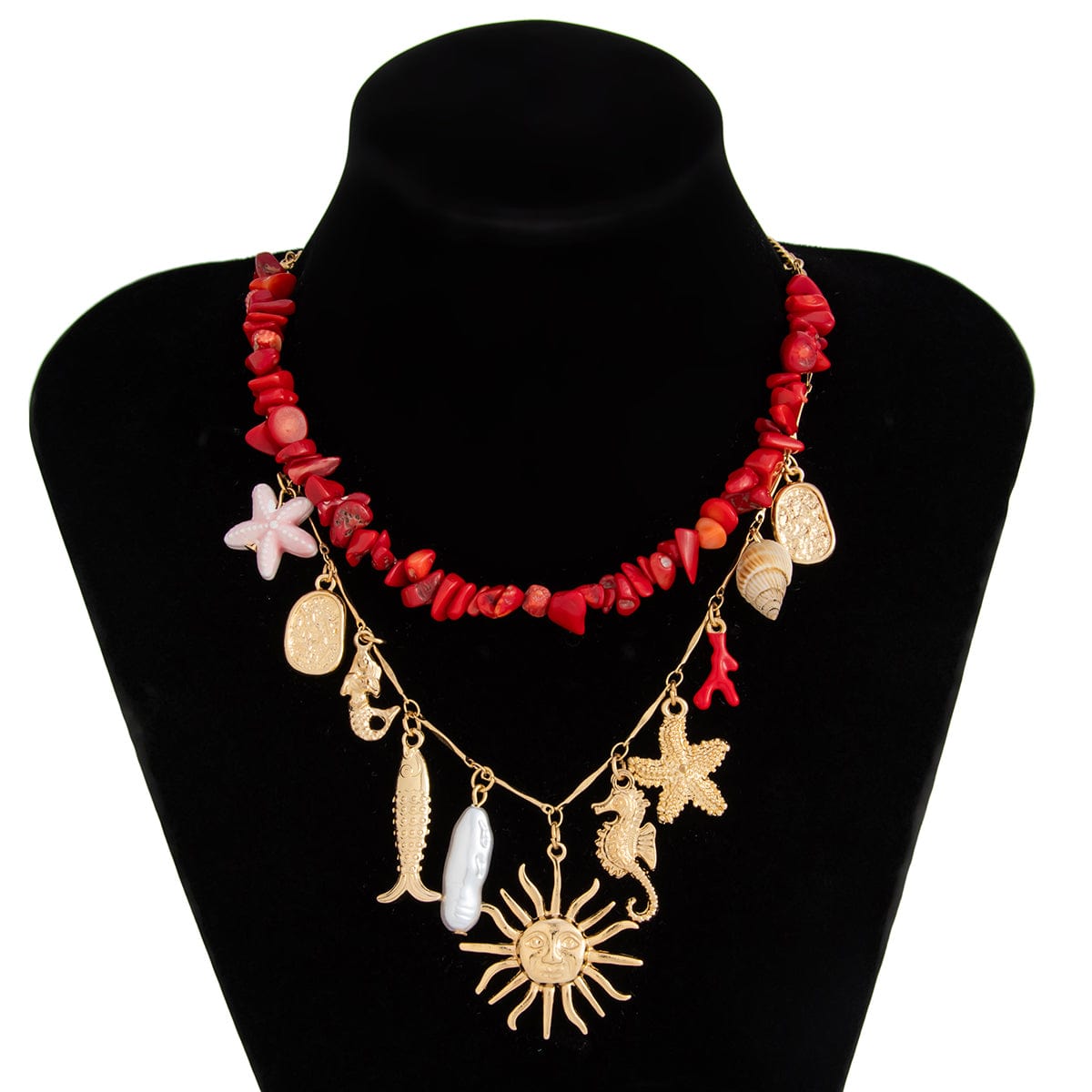 Boho 2pcs Sun Pearl Starfish Conch Pendant Turquoise Chain Necklace Set - ArtGalleryZen