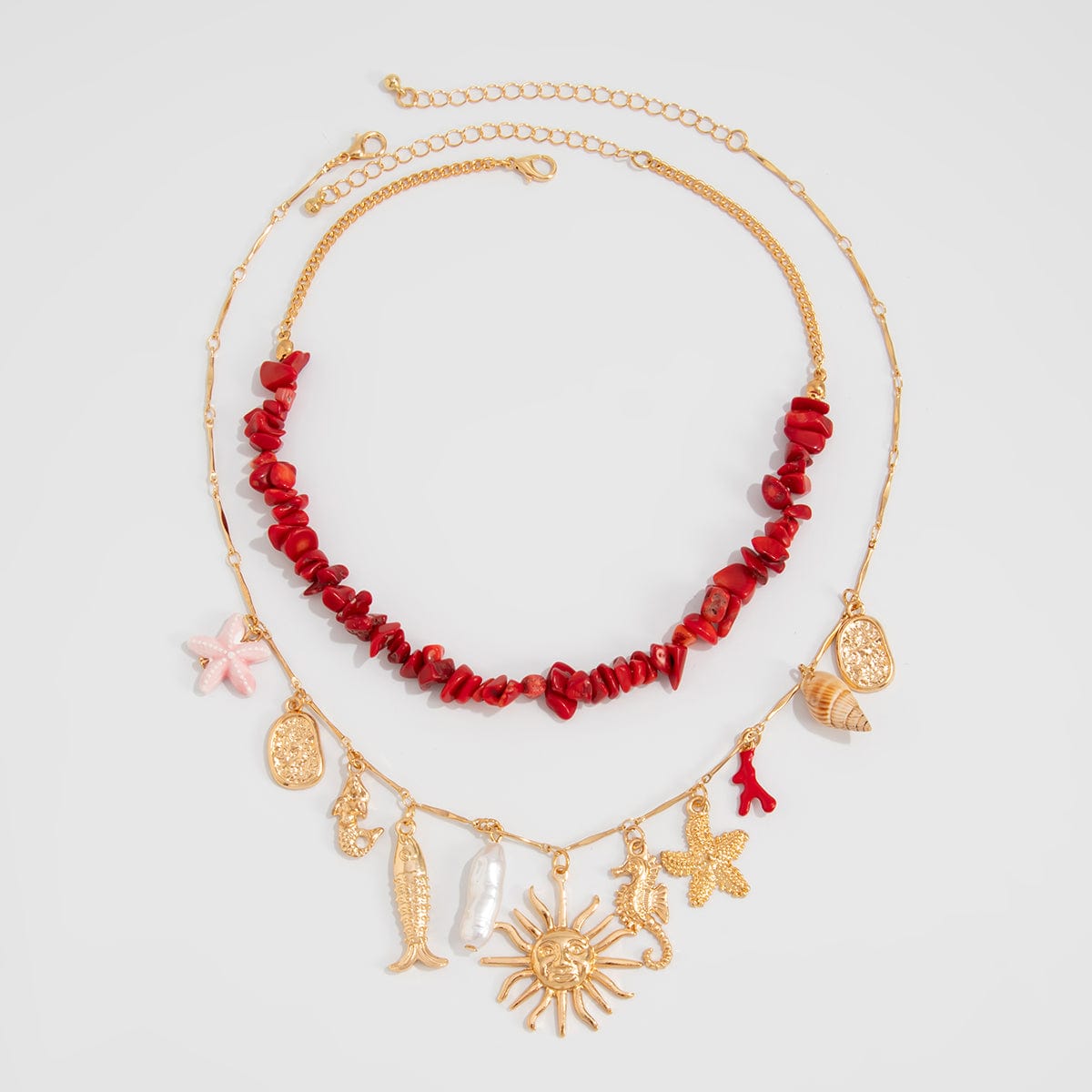 Boho 2pcs Sun Pearl Starfish Conch Pendant Turquoise Chain Necklace Set - ArtGalleryZen