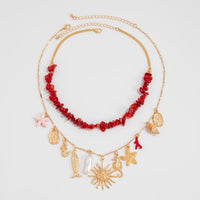 Thumbnail for Boho 2pcs Sun Pearl Starfish Conch Pendant Turquoise Chain Necklace Set - ArtGalleryZen