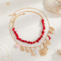 Thumbnail for Boho 2pcs Sun Pearl Starfish Conch Pendant Turquoise Chain Necklace Set - ArtGalleryZen