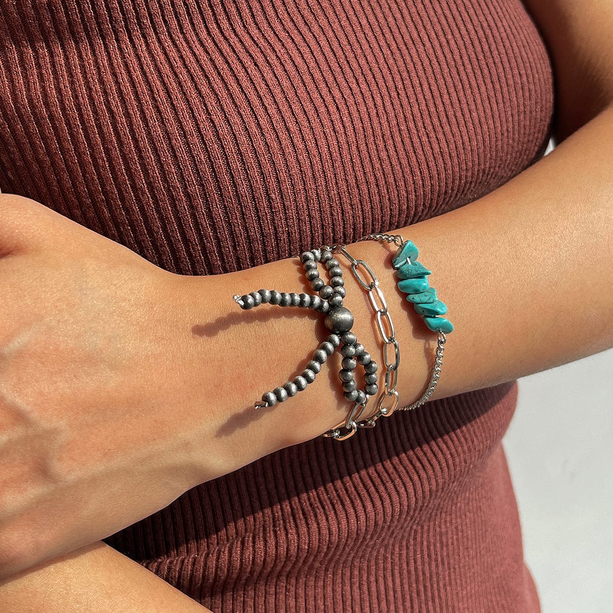 Boho 3pcs Antique Silver Tone Bowknot Turquoise Curb Chain Bracelet Set - ArtGalleryZen