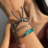 Thumbnail for Boho 3pcs Antique Silver Tone Bowknot Turquoise Curb Chain Bracelet Set - ArtGalleryZen