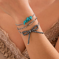 Thumbnail for Boho 3pcs Antique Silver Tone Bowknot Turquoise Curb Chain Bracelet Set - ArtGalleryZen