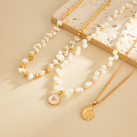 Thumbnail for Boho 3pcs Conch Enamel Round Disk Pendant Pearl Chain Necklace Set - ArtGalleryZen