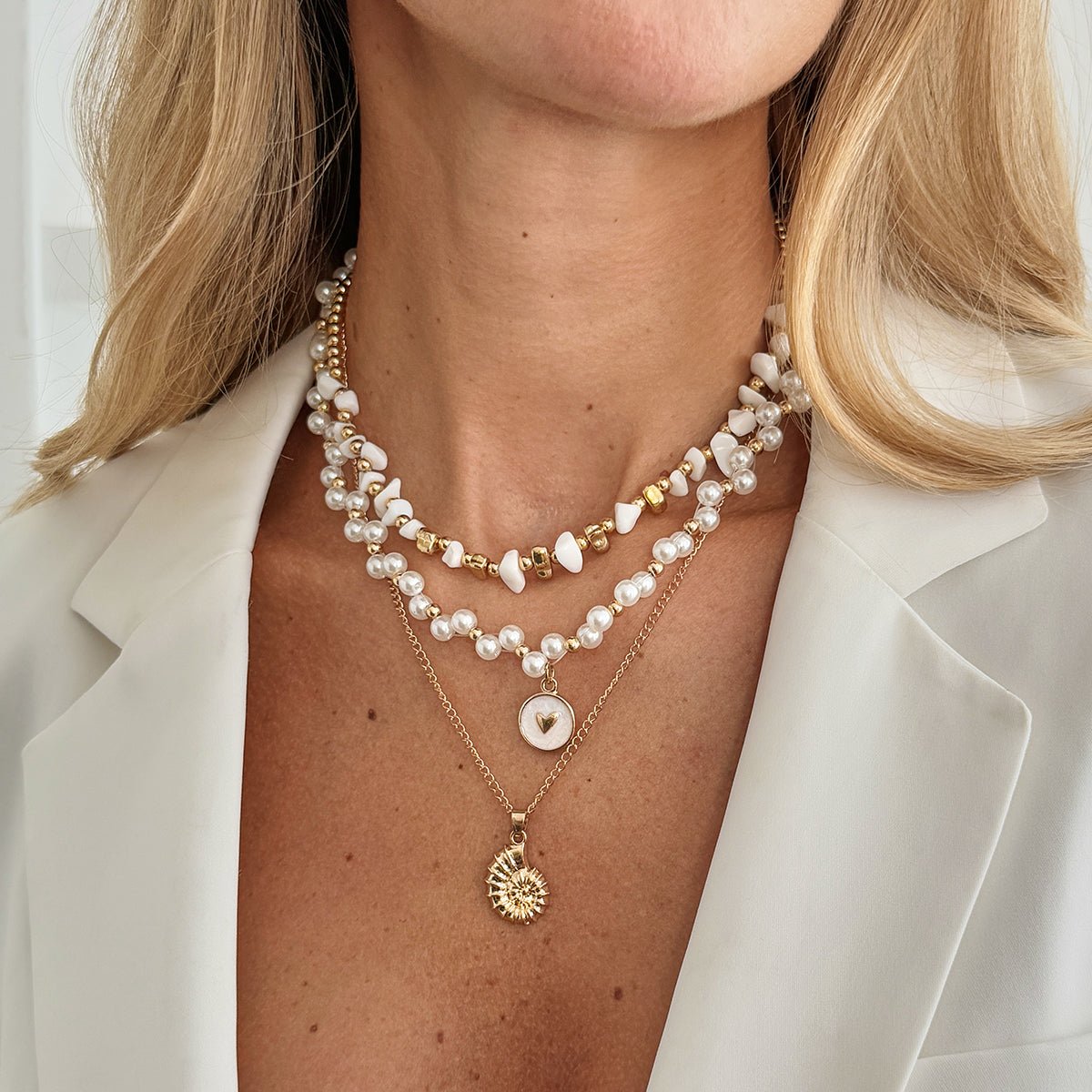 Boho 3pcs Conch Enamel Round Disk Pendant Pearl Chain Necklace Set - ArtGalleryZen