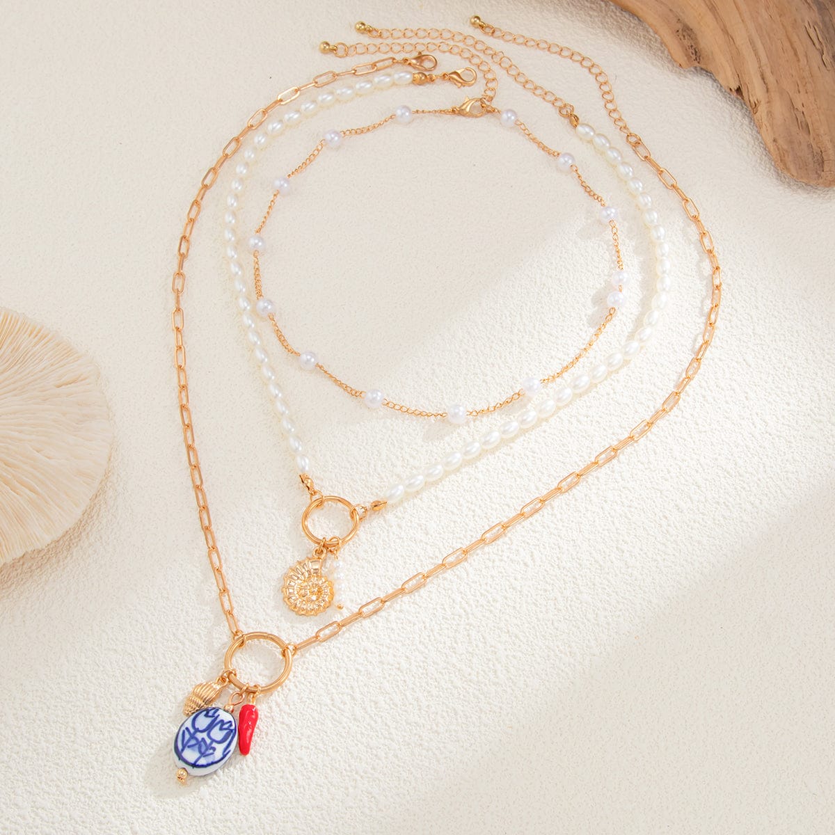 Boho 3pcs Conch Flower Ceramic Pendant Pearl Chain Necklace Set - ArtGalleryZen