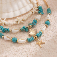 Thumbnail for Boho 3Pcs Conch Shell Starfish Charm Turquoise Seed Bead Chain Anklet Set - ArtGalleryZen