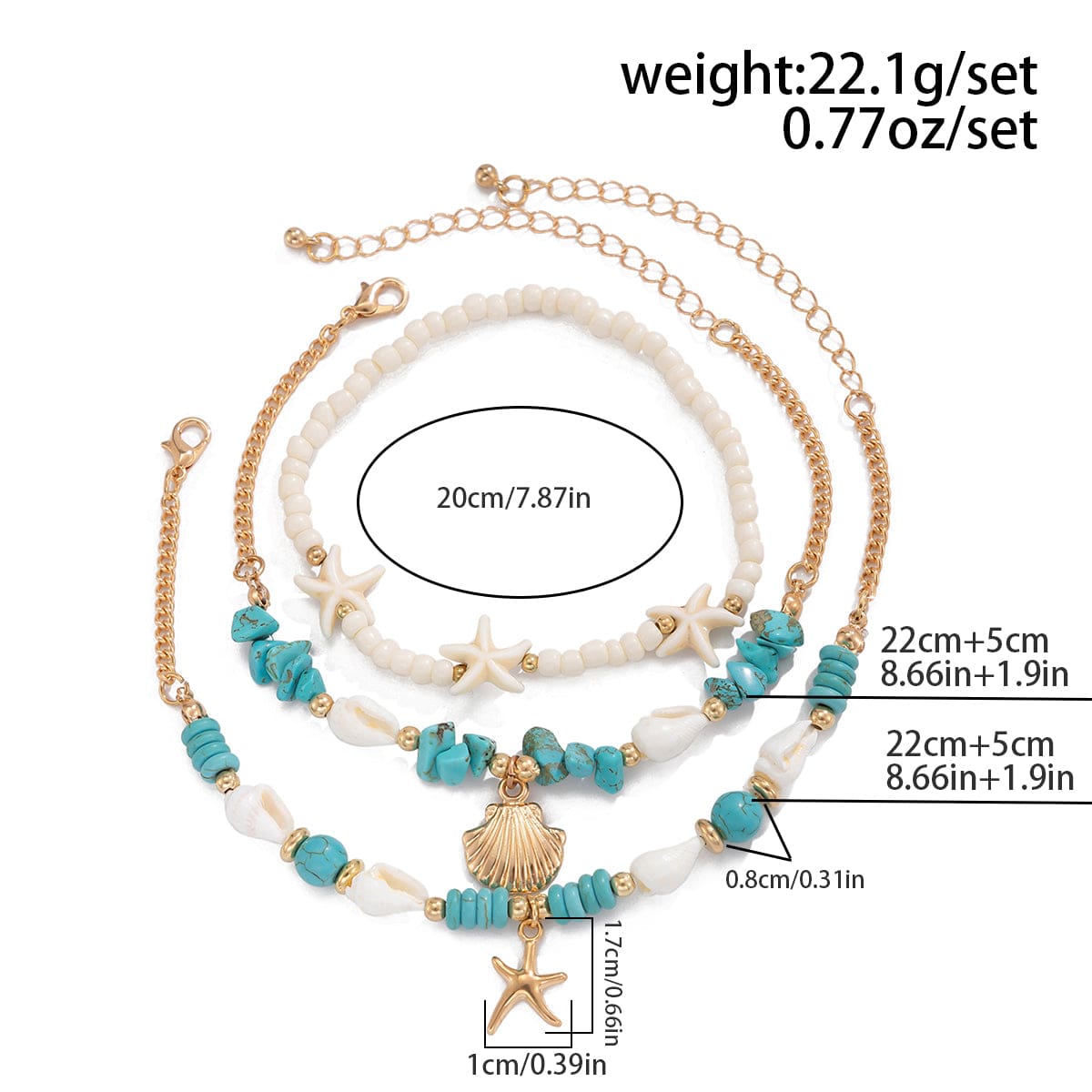 Boho 3Pcs Conch Shell Starfish Charm Turquoise Seed Bead Chain Anklet Set - ArtGalleryZen