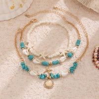 Thumbnail for Boho 3Pcs Conch Shell Starfish Charm Turquoise Seed Bead Chain Anklet Set - ArtGalleryZen