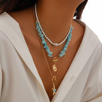 Thumbnail for Boho 3Pcs Enamel Starfish Conch Pendant Turquoise Stone Chain Necklace Set - ArtGalleryZen